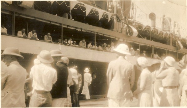 Waving bye-bye to Dad and Arthur from Rangoon docks, March 1933